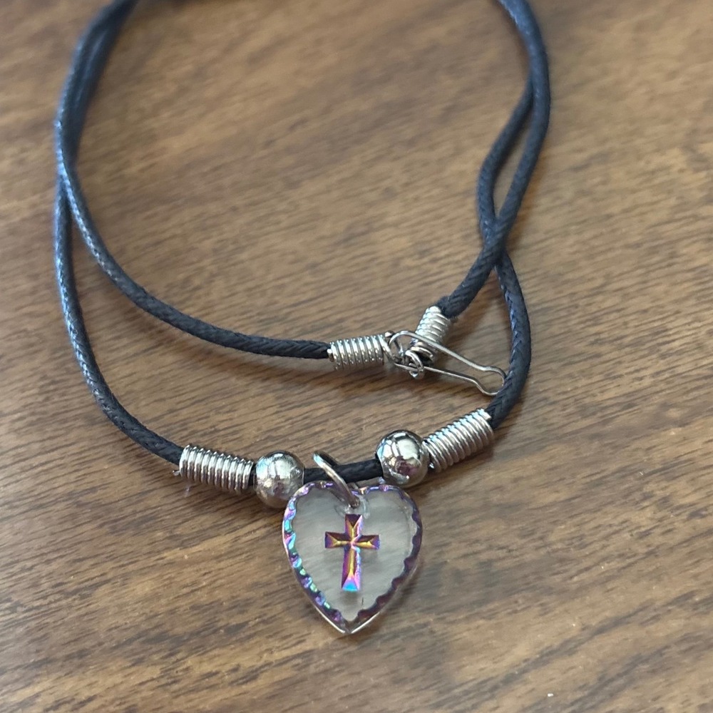 Black Cord Necklace Iridescent Cross Heart Pendant Religious First Communion